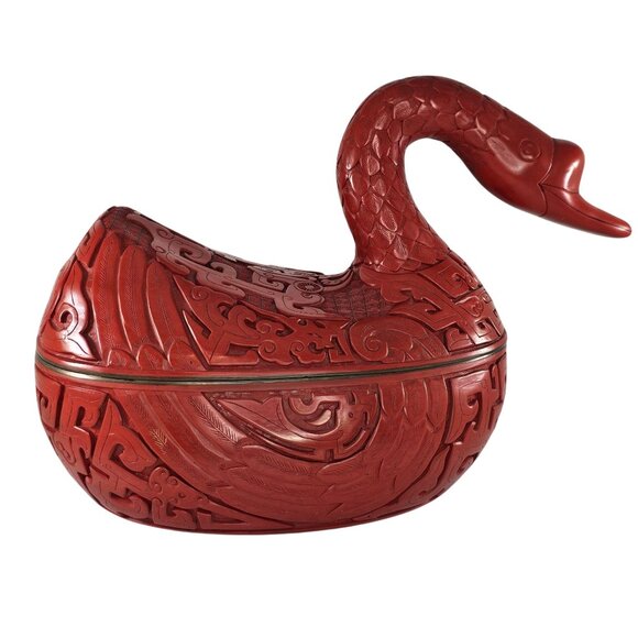 Vintage Red Cinnabar Duck Goose Swan Figure Lidded Box Lacquered - Picture 1 of 10